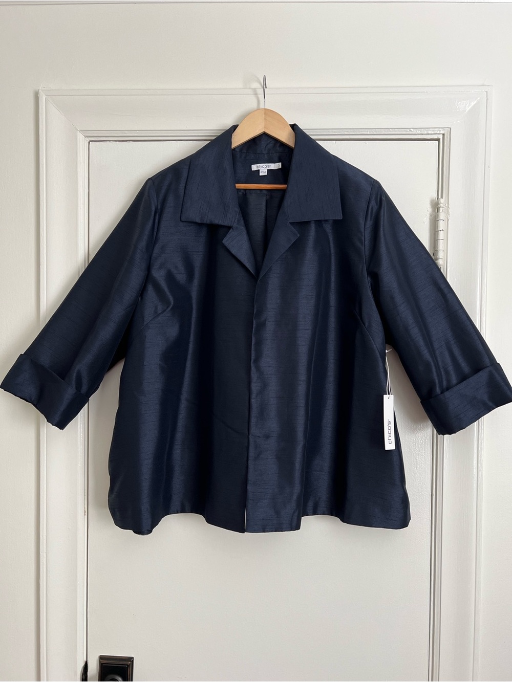 Chico’s navy blue silk cocktail jacket open front blazer size 4 / XXL / 20-22
